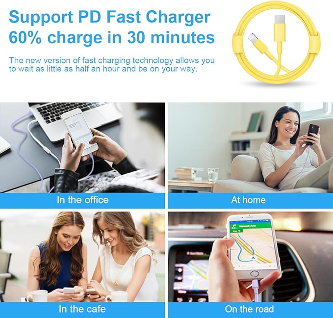 iPhone Fast Charger 3+3Pack 20W USB C Wall Charger with 6FT Fast Charging Cable Compatible with iPhone 14/13/12/11/Pro/Pro Max-Yellow