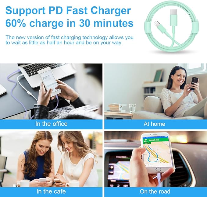iPhone Fast Charger 3+3Pack 20W USB C Wall Charger with 6FT Fast Charging Cable Compatible with iPhone 14/13/12/11/Pro/Pro Max-Green