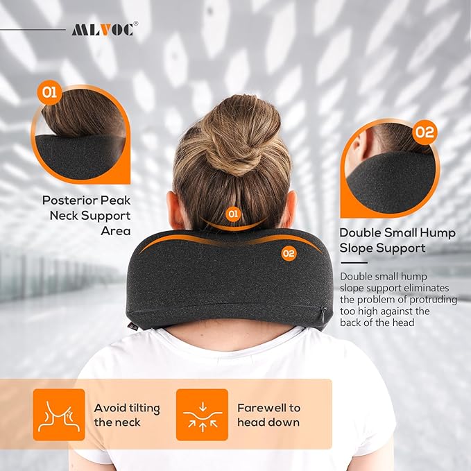 MLVOC Neck Pillow for Traveling, Upgraded 100% Pure Memory Foam Travel Neck Pillow for Airplane Flight Sleep, Breathable & Machine Washable Cover, Travel Kit with 3D Eye Mask, Earplugs & Bag, Black