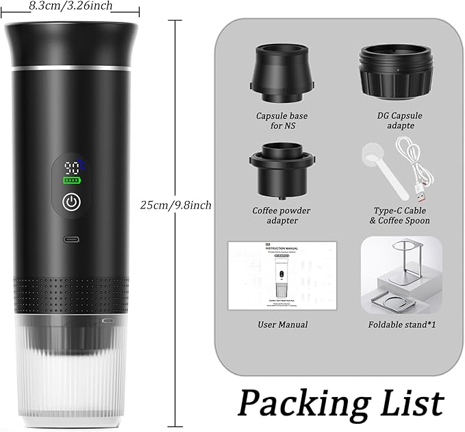Portable Espresso Maker and Metal Stand Set, Self-Heating Travel Coffee Machine, Rechargeable Coffee Maker with Digital Display, 3-in-1 for Ground Coffee & Capsules, Camping RV Office