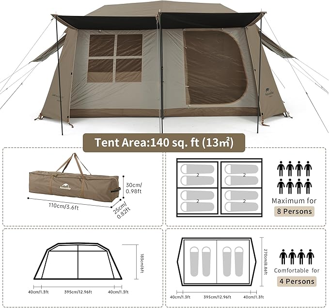 Naturehike Village Instant Tent, Camping Tent with Full Rainfly, Waterproof Large Cabin Tents for Car Camping