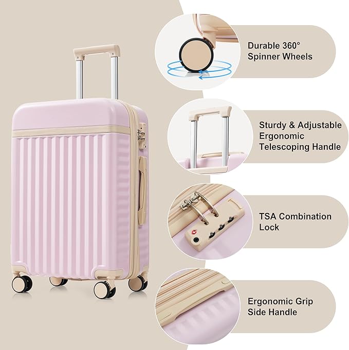 Merax 3 Piece Luggage Set ABS Hardside Suitcase Sets with Spinner Wheels and TSA Lock, 20 inch with Front Opening Design and USB Port, 20" Airline Certified Carry-on Luggage, 20" 24" 28", Light Pink