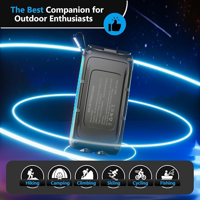 Solar Charger Power Bank 49800mAh Portable 15W Fast Charging Power Bank with QC3.0 USB-C & Dual USB-A Ports for Cell Phones, LED Flashlight, Carabiner, Waterproof Solar Panel for Camping, Outdoor