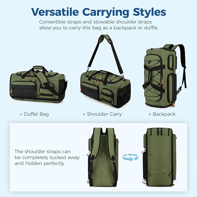 Searock 45L Gym Bag for Men, 3-In-1 Duffle Bag Backpack for Travel, Sports Duffel Bags for Gym Workout, Weekender Overnight Bag with Shoe Compartment, Wet Pocket, Green