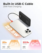 VIYISI Slim Portable Charger Power Bank 10000mAh, PD 20W Fast Charging Compact Battery Pack with Built-in USB C Cable, Travel Essential Compatible with iPhone 17 16 15, Samsung A16 S24, Android-Black