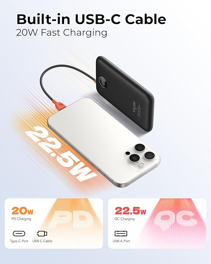 VIYISI Slim Portable Charger Power Bank 10000mAh, PD 20W Fast Charging Compact Battery Pack with Built-in USB C Cable, Travel Essential Compatible with iPhone 17 16 15, Samsung A16 S24, Android-Black