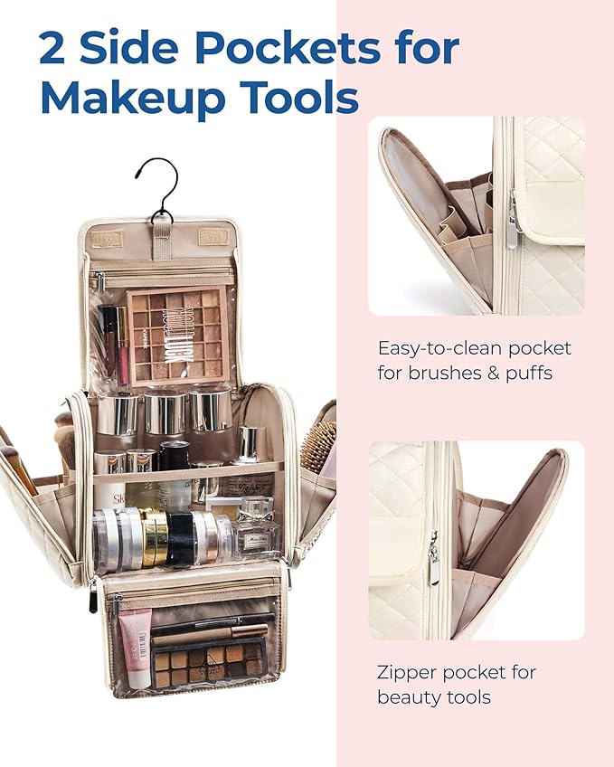 BAGSMART Travel Toiletry Bag, Large Capacity Cosmetic Bags for Women with Hanging Hook, Water-resistant for Toiletries Accessories Brushes Sponge, With Handle