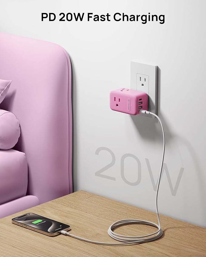 TROND Outlet Extender with USB C, 3 AC Outlet Splitter with 360 Rotation, Multiple Wall Plug with PD 20W Port, Cute Pink Plug Extension for Home Decoration, Travel Cruise Essentials