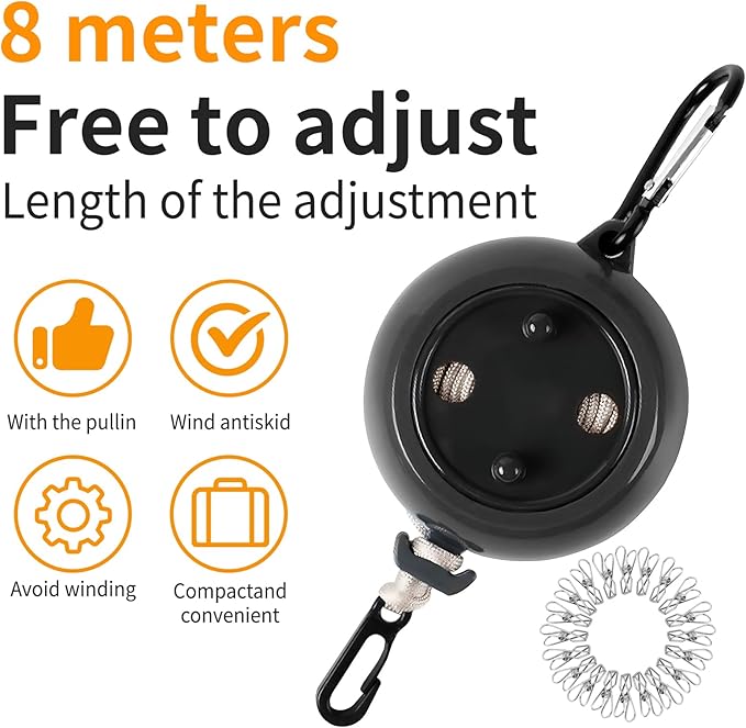 Portable Travel Clothesline Cord, Adjustable 33ft Camping Clothes line, Laundry Drying Rope for Hotel Trip,Camping,Backyard,Outdoor/Indoor, Black