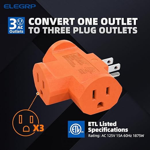 ELEGRP 3-Prong Heavy Duty Power Extender to Triple Outlet in T Direction, Multi-Directional Grounded Wall Tap Outlet Extender with 3 Prong Plug-in, 15-Amp, 125-Volt, ETL Listed, 3 Pack, Orange
