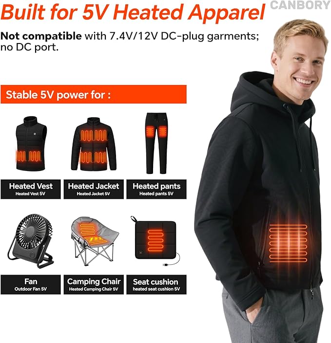 MINI 5V 2A/3A Battery Pack for Heated Vest Heated Jacket, Small 10000mAh Power Bank for Heated Apparel with LED Display and Flashlight PD 18W Black for Men and Women (No DC Port)
