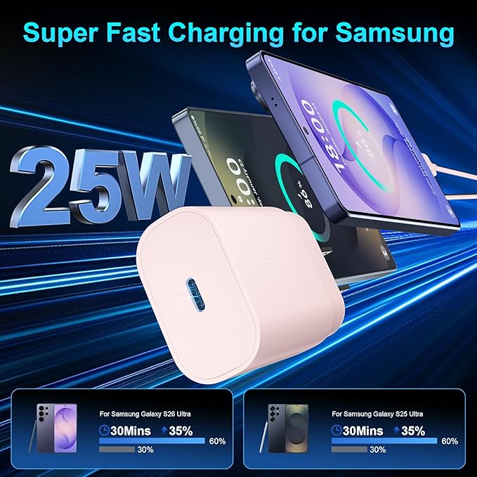 Super Fast Charger Type C, 25W USB C Wall Charger Fast Charging for Samsung Galaxy S26 Ultra/S26/S26+/S25 Ultra/S25/24 Ultra/S24/S23 Ultra/S22 Ultra with 6.6FT Long Android Type C Charger Cable 2Pack