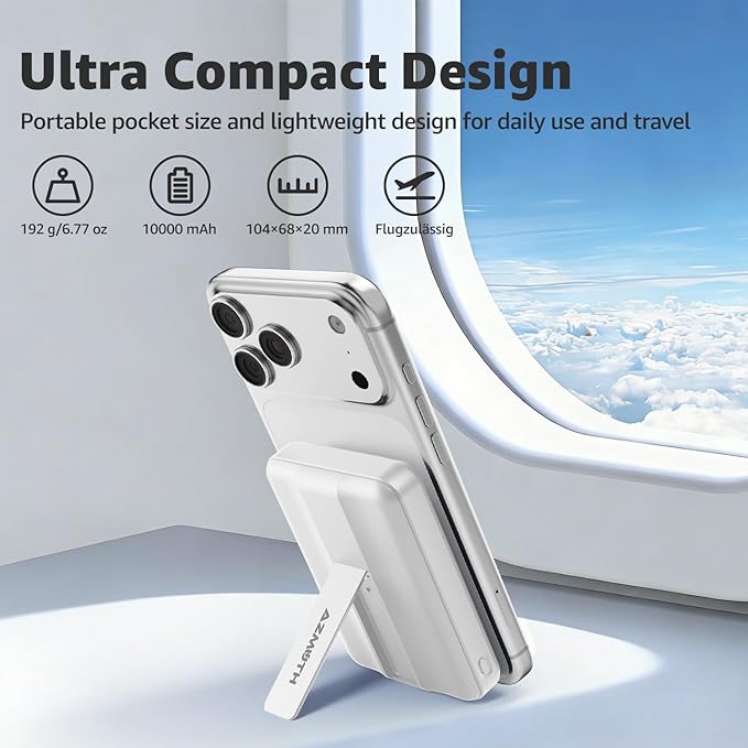 Azmuth Magnetic Power Bank,10000mAh for MagSafe Battery Pack, 22.5W PD Fast Charging,LED Display & Foldable Stand Wireless Portable Charger for iPhone 17/16/15/14/13/12/Pro/Pro Max/Plus,Pearl White