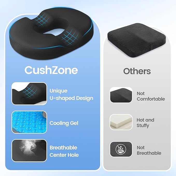 Donut Pillow Seat Cushion - Cooling Gel Donut Chair Cushions, Memory Foam Seat Cushion for Office & Home, Car Seat Cushion and Butt Pillow, Hemorrhoids Pillow and Tailbone Pain Relief, Black