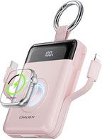 Portable Charger,5000mAh PD 20W Super Fast Charging Power Bank with Built-in Cables,Travel Keychain Battery Pack for Apple Watch Ultra/11/10/9/8/7/6/SE,iPhone 17/16/15/14/13/12 (Pink)
