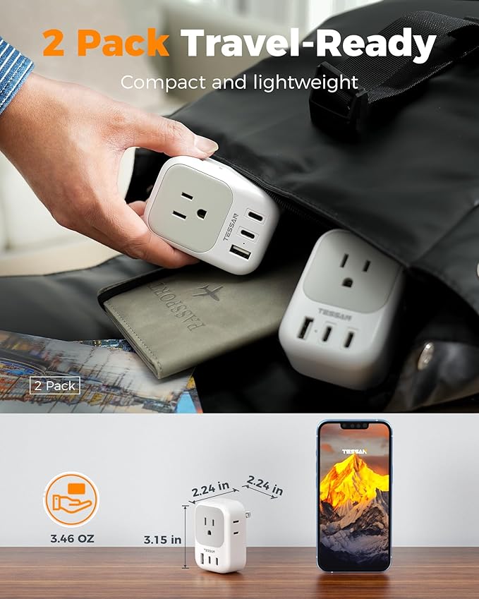 TESSAN US to Japan Plug Adapter 2 Pack,2 Prong to 3 Prong Outlet Adapter with 4 Outlets and 3 USB (2 USB-C), Power Adaptor US to Japan China Mexico Philippines Canada Peru Thailand Vietnam