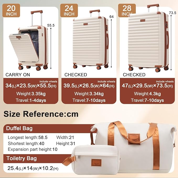 5 Piece Luggage Set w/TSA Locks & USB Port, Front Opening Hard Shell Luggage Sets, Expandable Suitcase Set with Wheels and Cup Holder(20"/24"/28") (Brown White)