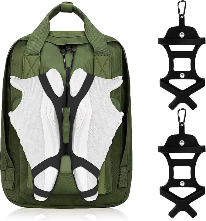 takyu Shoe Holder for Backpack, Silicone Shoe Holster with Backpack Clips for Sneaker Bag, Shoe Clips Sports Accessories for Outdoor Trip to Carry Extra Shoes (Black+Black/2PCS)