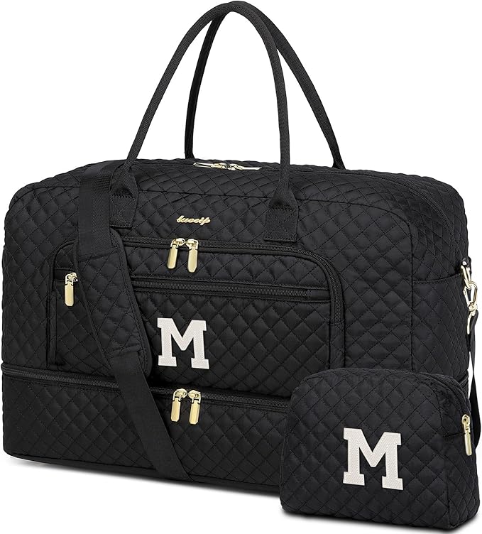Initial Travel Duffle Bag for Women - Black Personalized Weekender bags Overnight Bag with Shoe Compartment & Wet Pocket Weekend Tote Bags with Toiletry Bag Monogram Christmas Gift (Letter M)