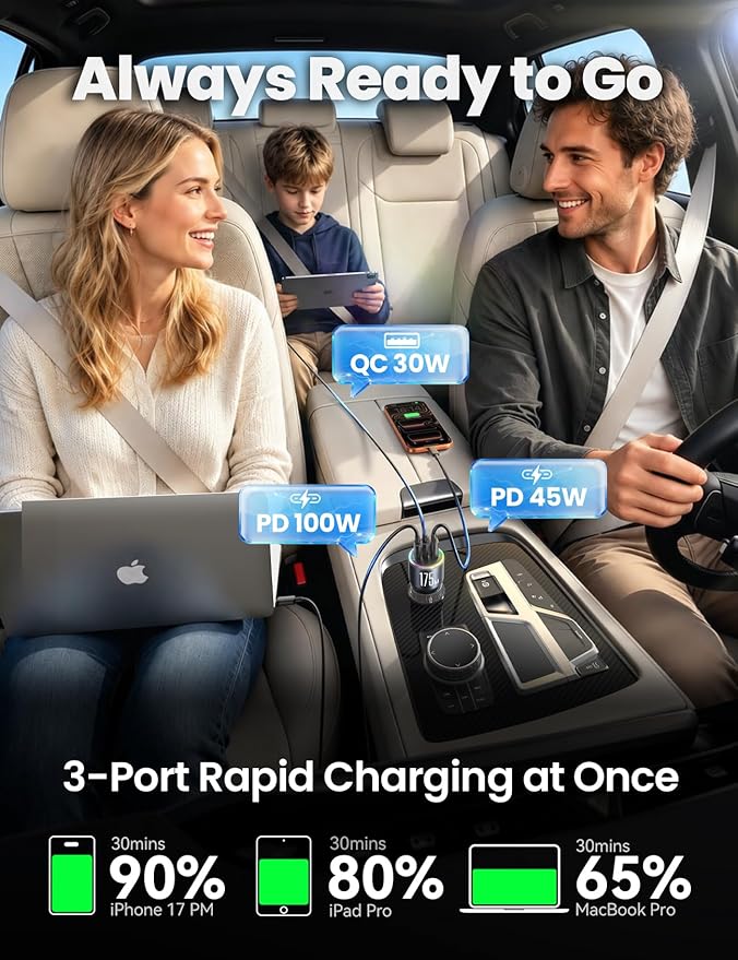 JOYROOM 175W Car Charger USB C Fast Charge [GaN] 3-Port Car Cigarette Lighter Adapter with USBC Cable, Super Fast Car Charger USB C for iPhone 17/16/15 Series, Galaxy S26/25, Laptop, Tablet and More
