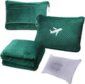 3 in 1 Travel Blanket Pillow Set - 350 GSM Thick Travel Blanket Airplane Compact with Bag, Soft Bag with a Pocket, Inflatable Travel Pillow for Camping & Car Trip (Dark Green)