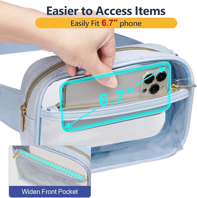 Packism Clear Fanny Pack for Women Stadium Approved - Quilted Clear Belt Bag, Adjustable Strap Fits 35-51 Inches, Transparent Waist Bag for Sports Concerts Festivals, Dusty Blue