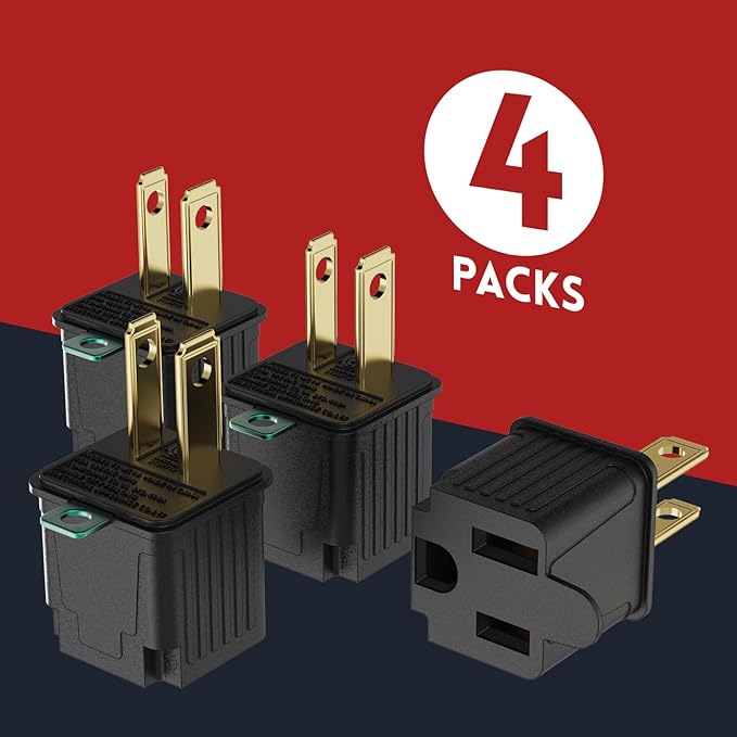 PLUGTUL 2 Prong to 3 Prong Outlet Adapter, Polarized Grounded Outlet Converter, Wall Outlet Plug for Household, Workshops, ETL Listed, 4-Pack, Black