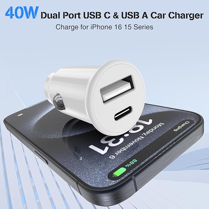 USB C Car Charger for iPhone 17 16 15 Pro Max,40W Dual Port USB-C & USB-A Car Fast Charging Adapter, 2X3FT C to C Cable & A to C Carplay Cable for iPhone 17 16 15 Series/iPhone Air, iPad, Samsung-Blue
