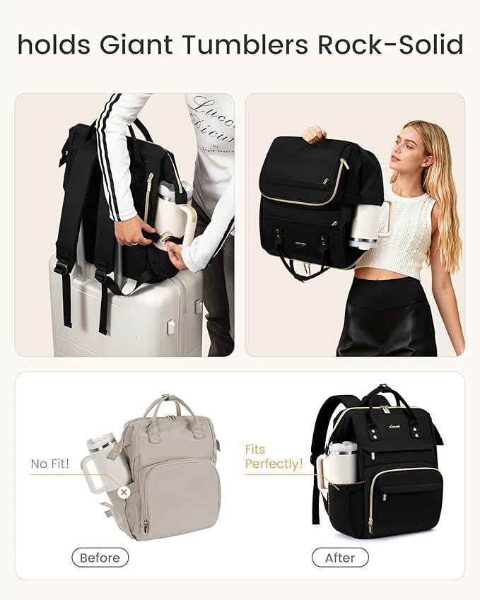 LOVEVOOK Laptop Backpack for Women with Giant Tumbler Holder Pocket,18 inch Waterproof Travel Backpack Purse Computer Laptop Bag,Professional Work College Nurse Teacher Backpack Casual Daypack,Black