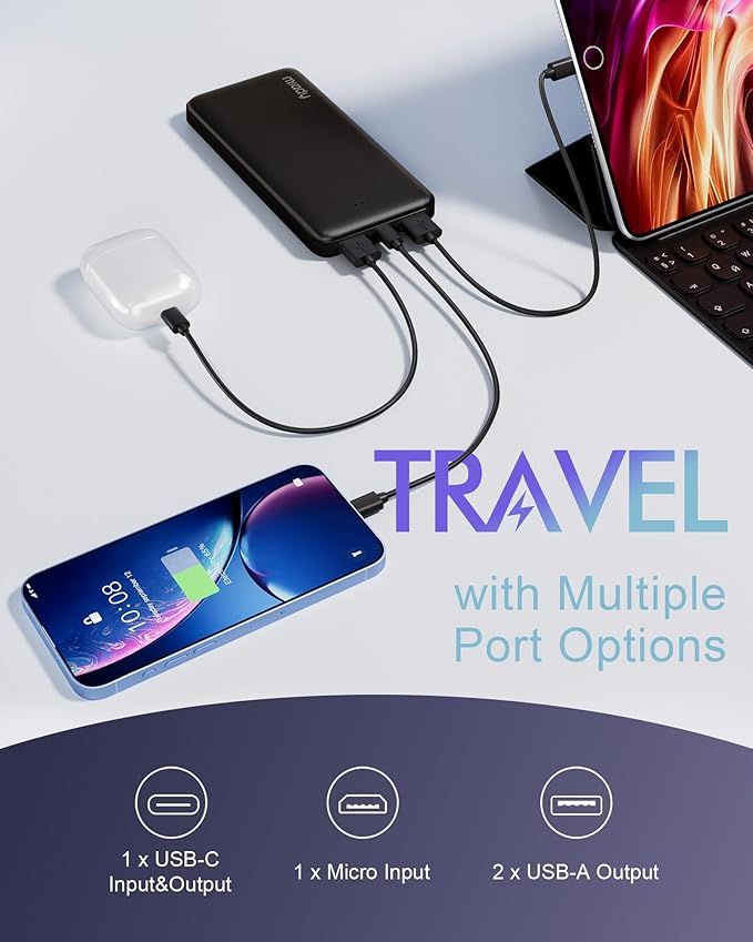 Miady 2-Pack Portable Charger, Slim 10000mAh Power Bank Travel Battery Pack 3 Outputs 2 Inputs Compatible with iPhone 17/16/15/14/13 Galaxy S24/22 iPad Android etc (2 Black)