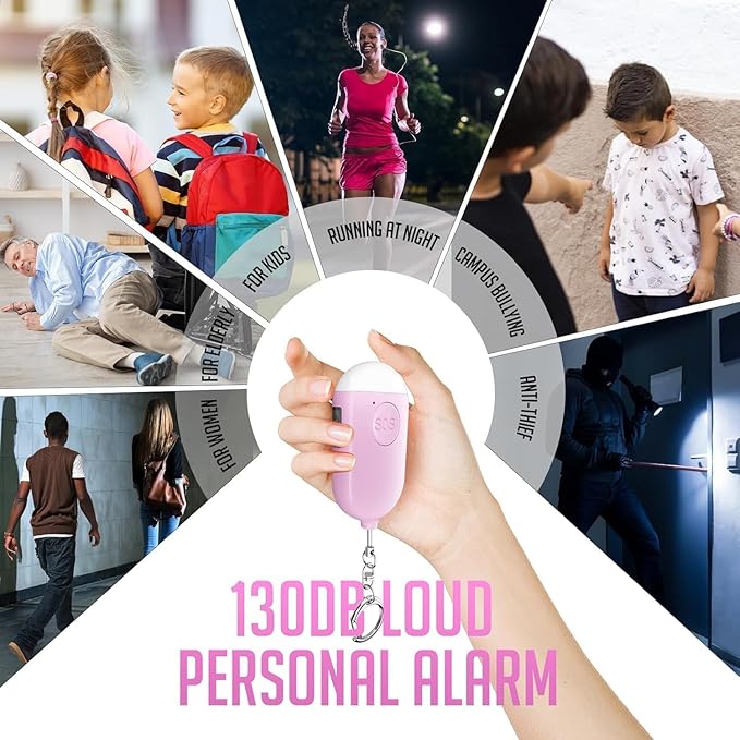 Personal Safety Alarm - 3-Pack - Rechargeable - Strobe LED Flashlight - SOS Emergency Loud Alarm - Self-Defense Keychain - for Women, Students, Kids, and Seniors (White, Pink, and Black
