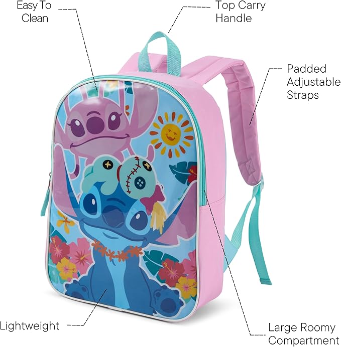 Disney Lilo and Stitch Backpack for Kids - Cute & Durable Kids Backpack for Girls with Padded Straps & Zip Compartment - Ideal Toddler Bookbag for School & Travel - 15”