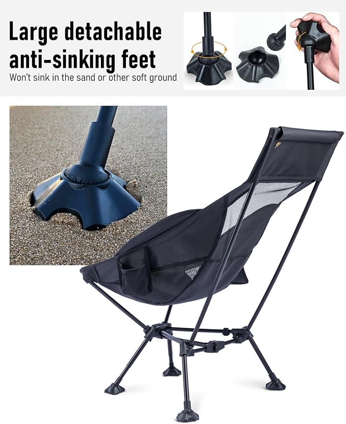 iClimb Ultralight Compact Camping Folding Beach Chair with Anti-Sinking Large Feet (Black - Triangular Frame High Back - 2PC)