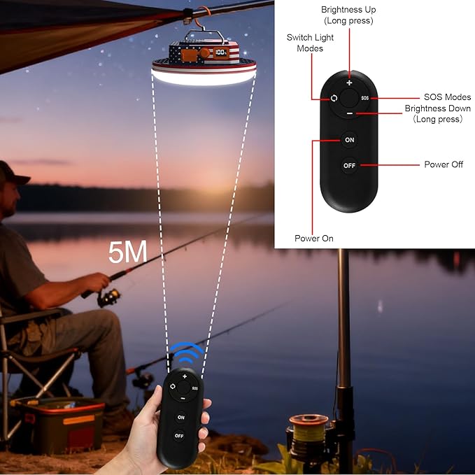 IODOO 10000mAh Rechargeable Camping Light with Remote , US Flag Print American Flag Light for Outdoor Camping Hiking Emergency Power Failure (30W(US Flag Style))
