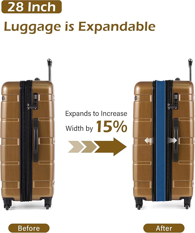 Coolife Expandable Large Checked Luggage Hardside PC+ABS Suitcase with TSA Lock, Lightweight Rolling Carry On with Spinner Wheels(Black Brown, 28in)