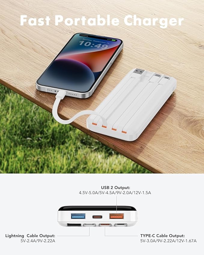 charmast 20000mAh Portable Charger with Built in Cables, 22.5W Travel Power Bank Fast Charging, USB C Cell Phone Battery Pack for iPhone 16/15/14/13/12/11 Series, iPad, Samsung, Android, Tablet