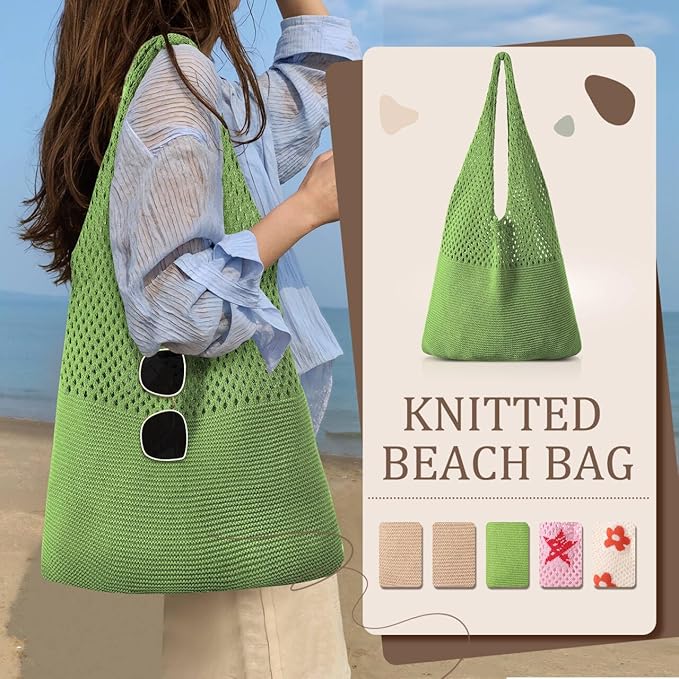 Premillow Crochet Beach Tote Bags, Stylish Mesh Beach Bags Shoulder Bag for Women, Cute Summer Vacation Boho Tote Bag