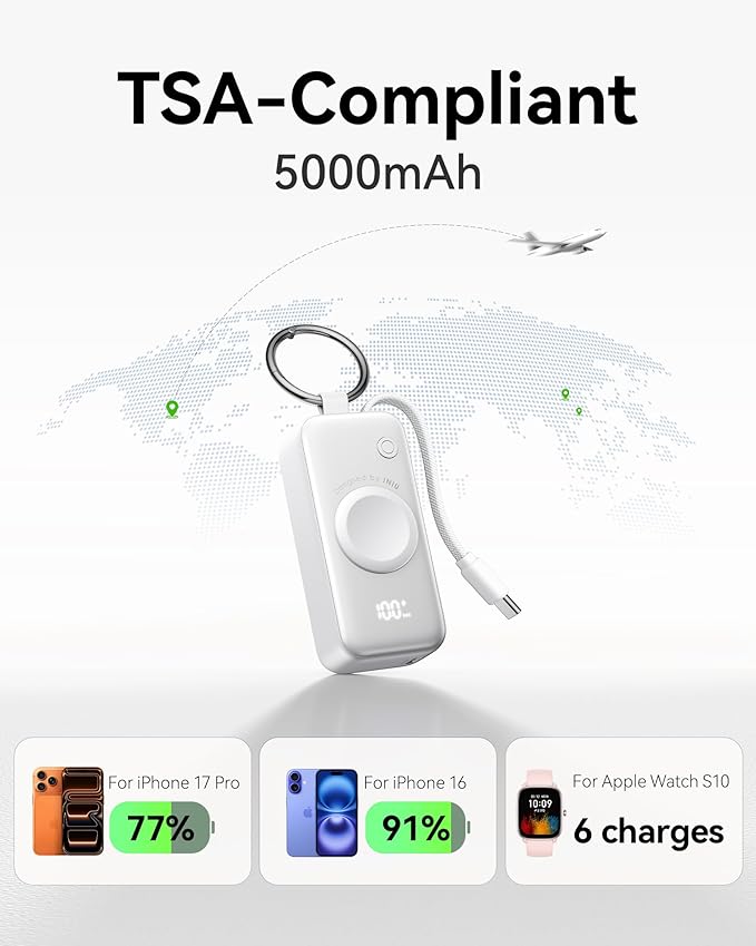 INIU 3-in-1 Portable Charger, Small 5000mah Power Bank with Built-in USB C Cable and Watch Charger, 20W PD Fast Charging Battery Pack, Travel Charger for iPhone 16 15, Apple Watch, etc