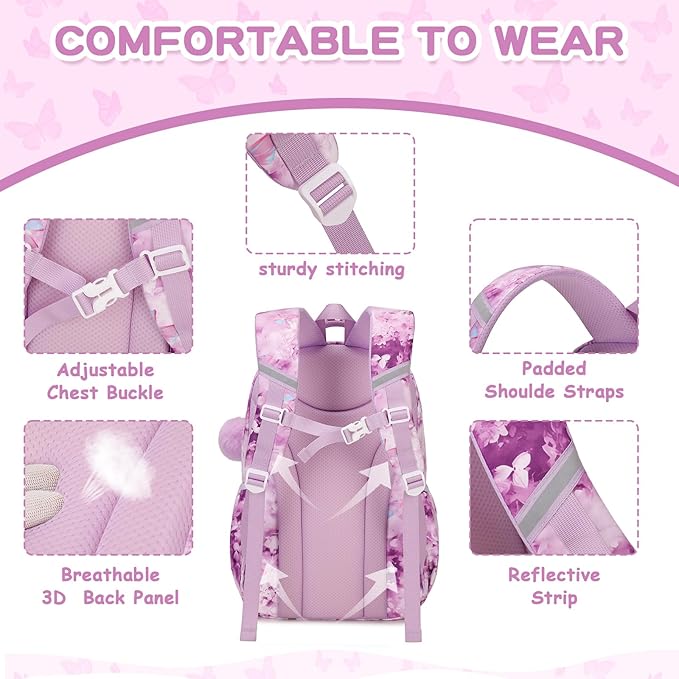 PIG PIG GIRL Kids Backpack for Girls School Bags for Middle School Students Book Bag for Elementary Primary Kawaii Ita Backpack, Purple Butterfly