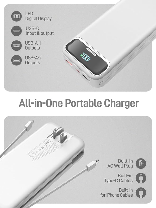 Portable Charger, 20000mAh 22.5W Fast Charging Power Bank with Built-in Cables & Wall Plug, Travel Essential External Battery Pack with LED Display, USB C Battery Phone Charger for iPhone iPad White