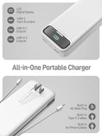 Portable Charger, 20000mAh 22.5W Fast Charging Power Bank with Built-in Cables & Wall Plug, Travel Essential External Battery Pack with LED Display, USB C Battery Phone Charger for iPhone iPad White