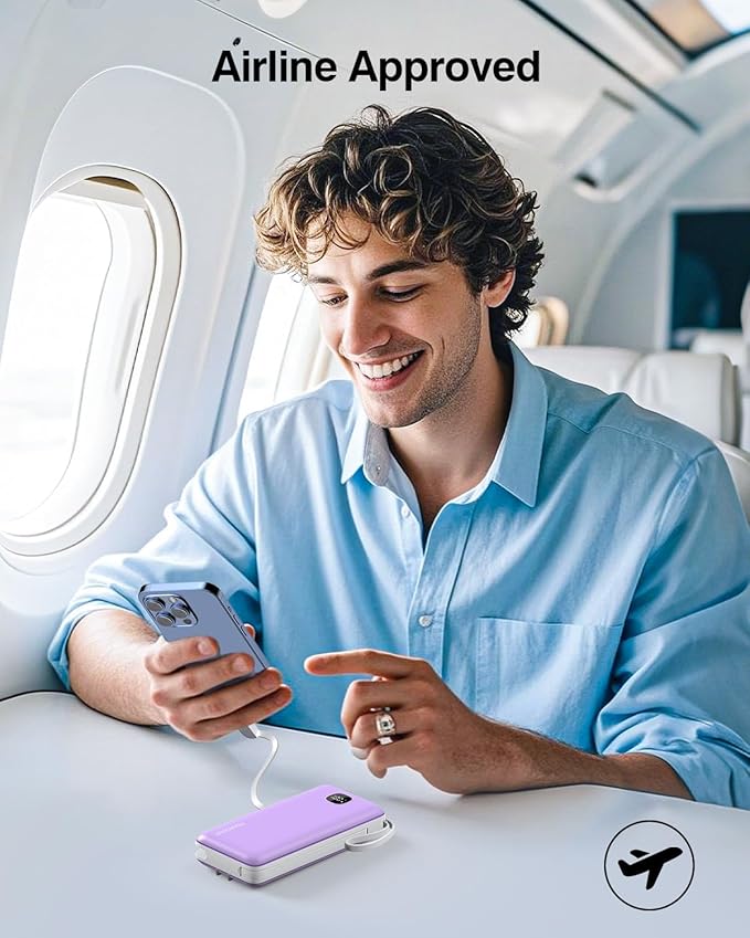 penaover Portable Charger with Built-in Cables&AC Wall Plug,5 Output 2 Input 20000mAh Power Bank,22.5W Fast Charging Battery Pack with LED Display,Compatible with iPhones,Android, Samsung etc,Purple