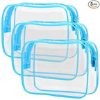 PACKISM Clear Makeup Bag - Waterproof TSA Approved Toiletry Bag Quart Size Bag, Clear Makeup Bags with Zipper, Carry on Airport Airline Compliant Pouch, 3 Pack, Blue