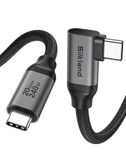 Silkland USB C Monitor Cable Right Angle 4FT, 8K@30Hz 5K/4K@60Hz Display, 20Gbps Data Transfer, 90 Degree USB C 3.2 Gen 2x2 Video Cable, 240W Charging for iPhone 17, MacBook, Portable Monitor, Carplay
