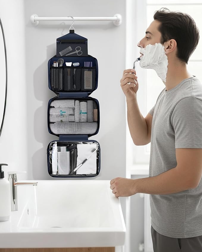 Maliton Toiletry Bag for Men & Women Travel Toiletry Bag Hanging Toiletry Bag Hygiene Organizer with 4 Compartments Waterproof Bathroom Shower Bag Large Toiletries Travel Bag(Black (Navy Blue)