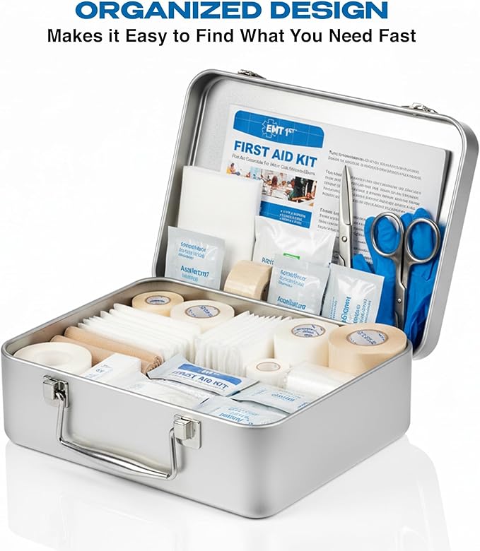 EMT1st First Aid Kit - 272 Piece Wall Mountable Metal Case, Durable First aid Supplies, Workplace, Car, Travel & Camping
