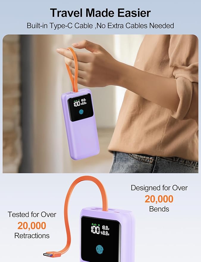 Laptop Power Bank, 24000mAh 65W Fast Charging Portable Charger with Built-in Cable, USB C Battery Pack with LED Display, Travel Essential External Battery Bank for Macbook/Notebook/Tablet/Phone Purple