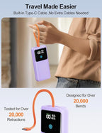 Laptop Power Bank, 24000mAh 65W Fast Charging Portable Charger with Built-in Cable, USB C Battery Pack with LED Display, Travel Essential External Battery Bank for Macbook/Notebook/Tablet/Phone Purple