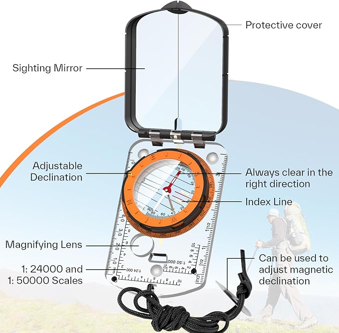 Sportneer Compass Hiking Survival, Camping Accessories Orienteering Compass with Mirror Boy Scout Compass for Kids Gifts Hiking Camping Backpacking Map Navigation