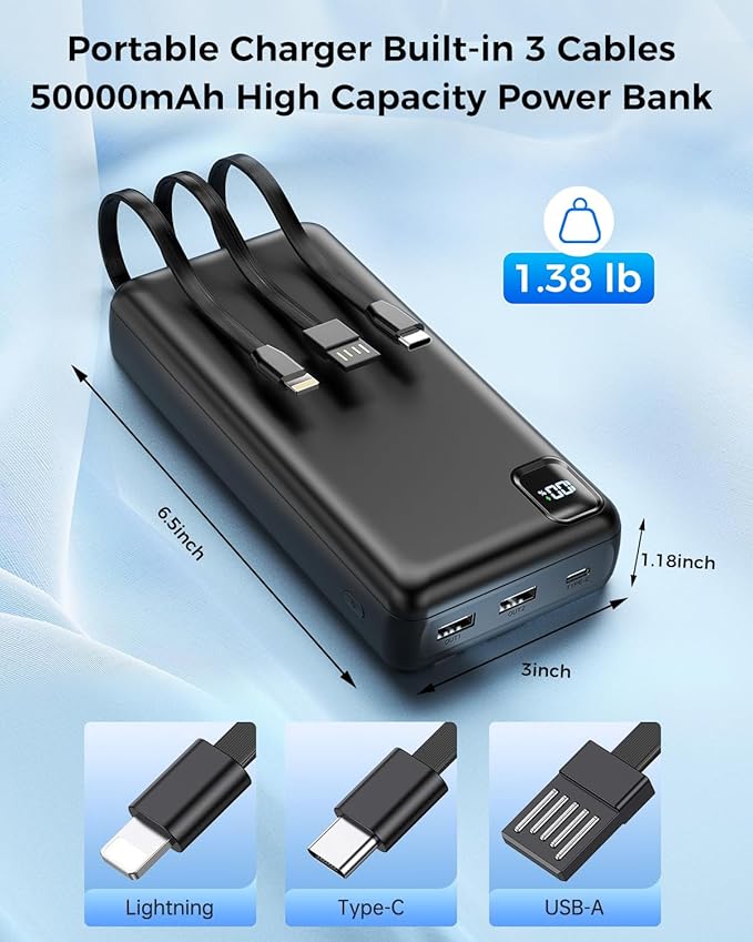 50000mAh Power Bank Portable Charger 22.5W Fast Charging, Built in Cables USB-C External Battery Pack, Phone Charger with 5 Output & 2 Input USB C, Travel Camping Essential for iPhone & Andriod